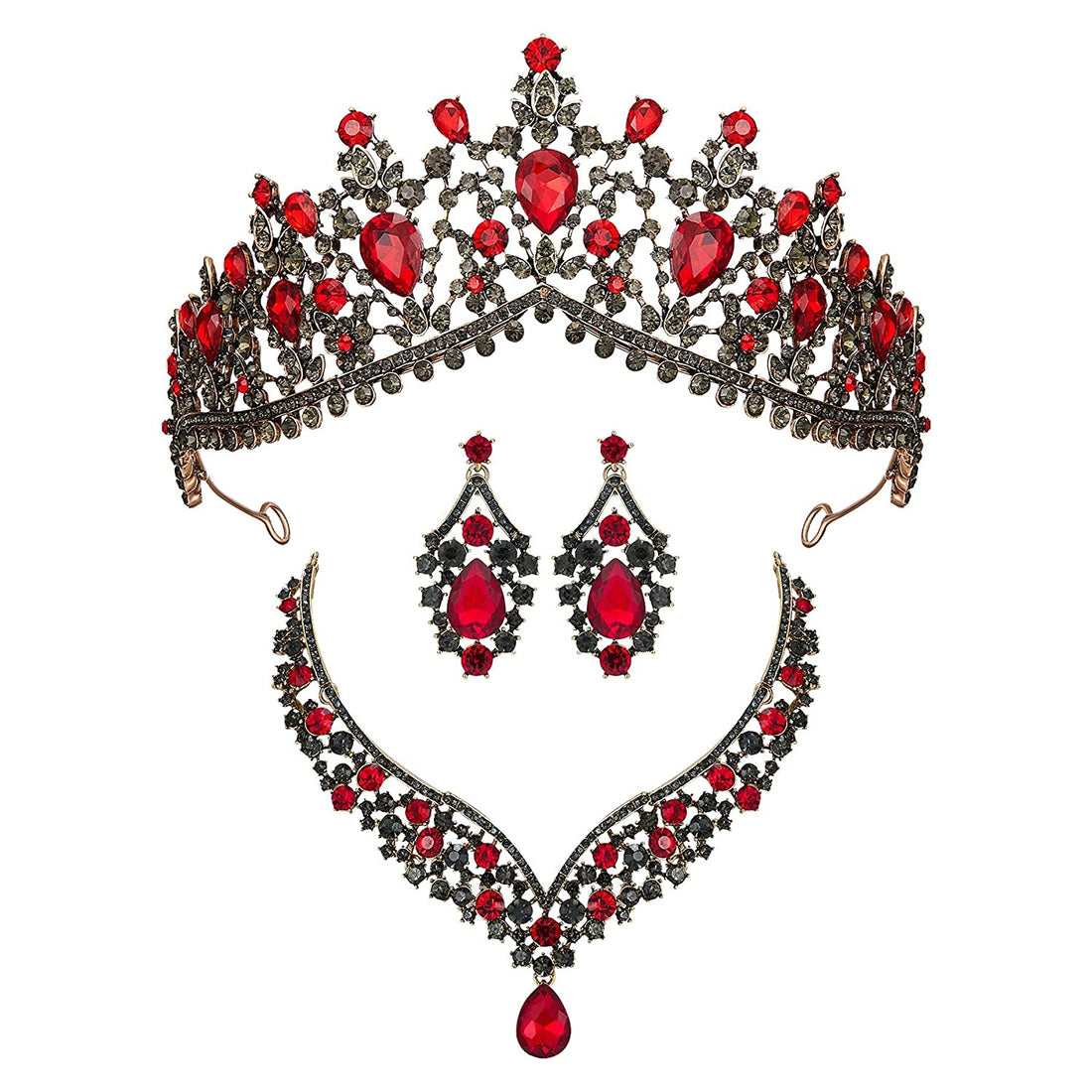 Vintage In Rome Red Austrian Crystal Bridal Tiara Necklace &amp; Earring Set