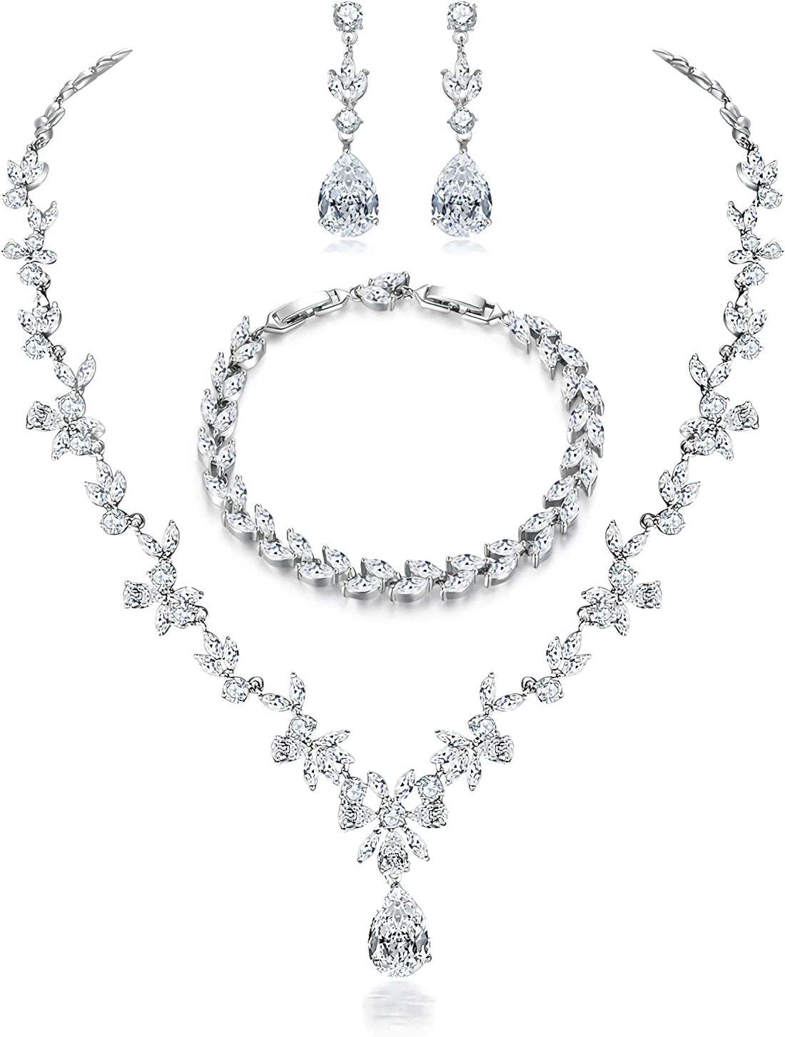 Shiny Silver Plated Bridal Jewelry Necklace &amp; Earrings Set
