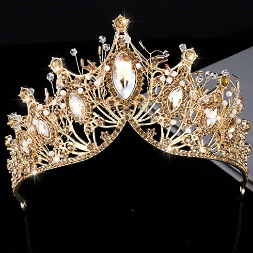 Luxury Gold Pearl Beaded Crystal Rhinestone Tiara Crown