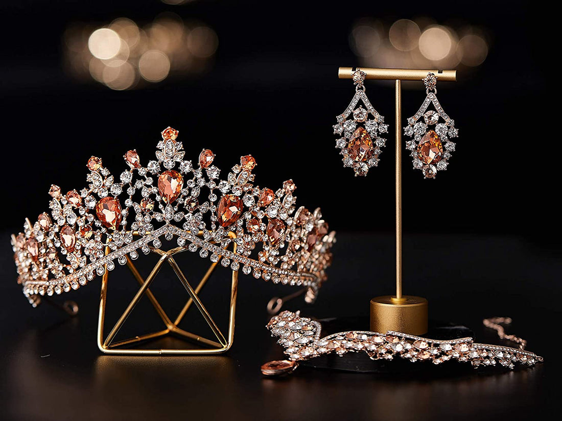 Vintage In Rome Rose Gold Austrian Crystal Bridal Tiara Necklace &amp; Earring Set