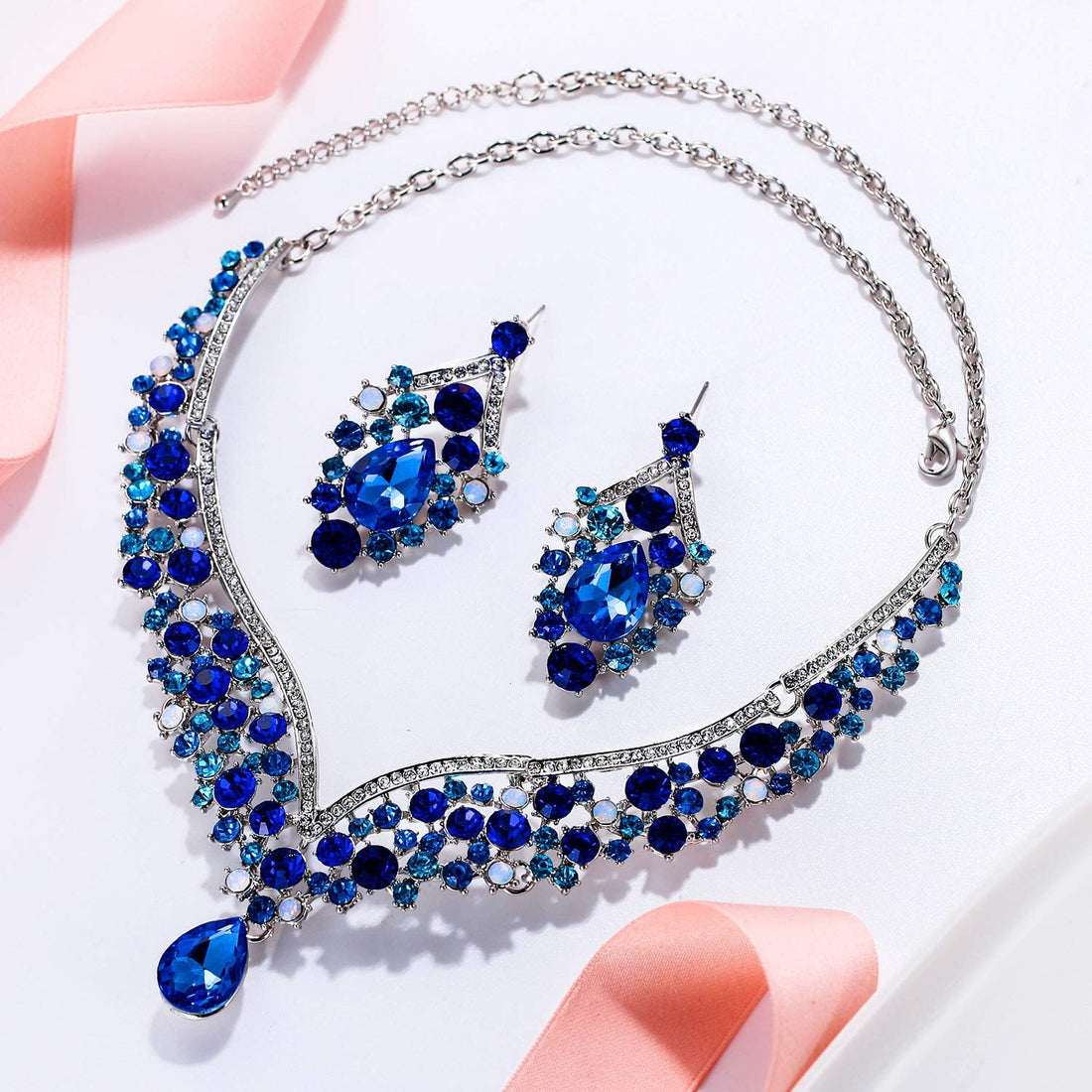 Elegant Blue Austrian Crystal V-Shaped Teardrop Jewelry Sets