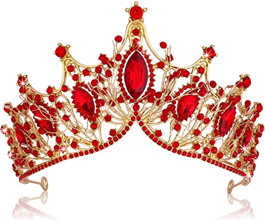 Luxury Red &amp; Gold Pearl Beaded Crystal Rhinestone Tiara Crown