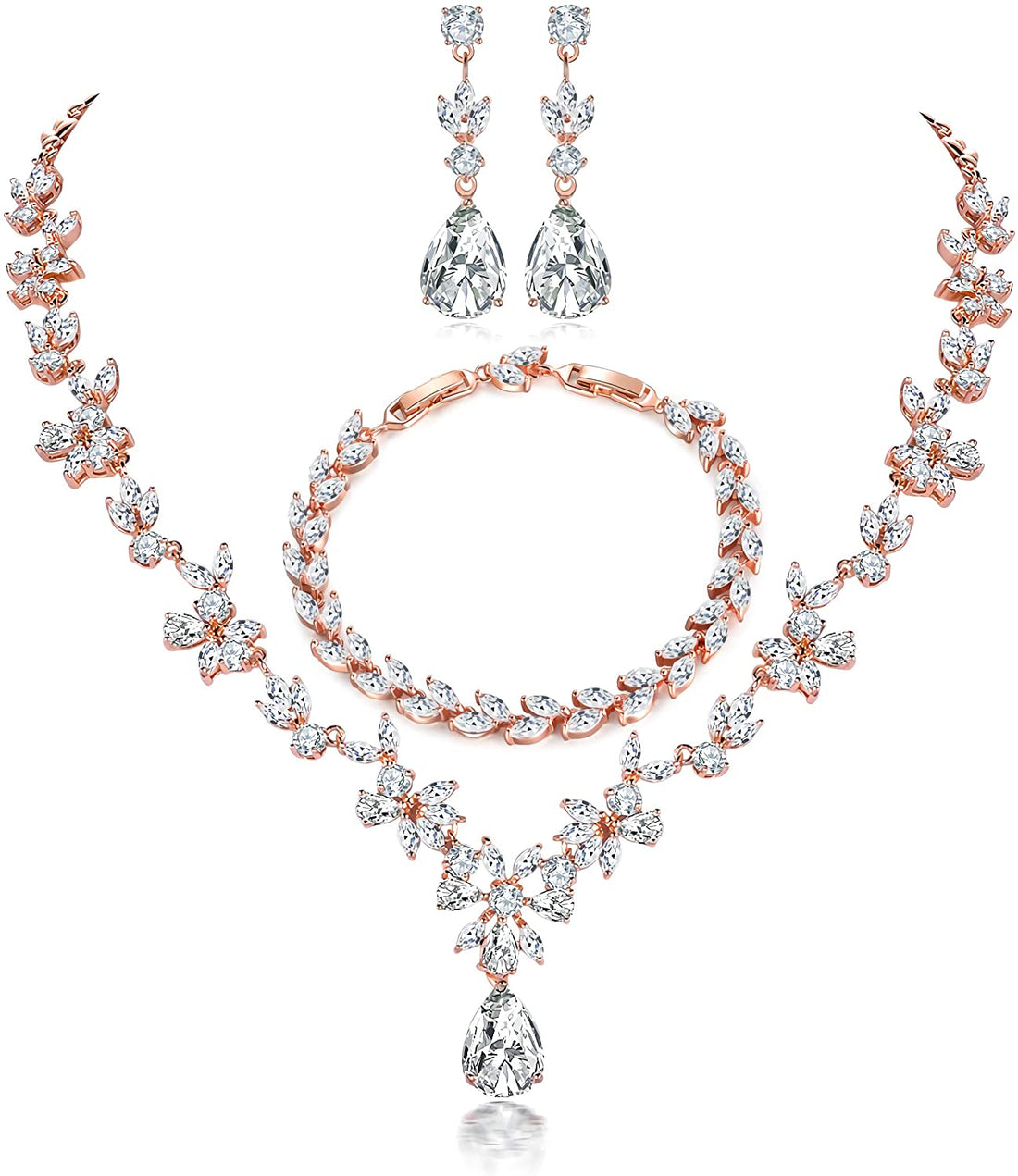 Shiny Rose Gold Plated Bridal Jewelry Necklace &amp; Earrings Set