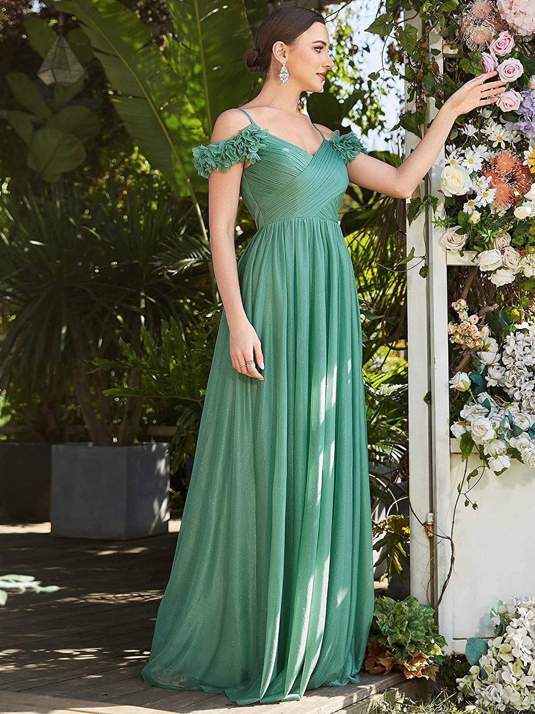 A-Line Green Off Shoulder Tulle Bridal Dress