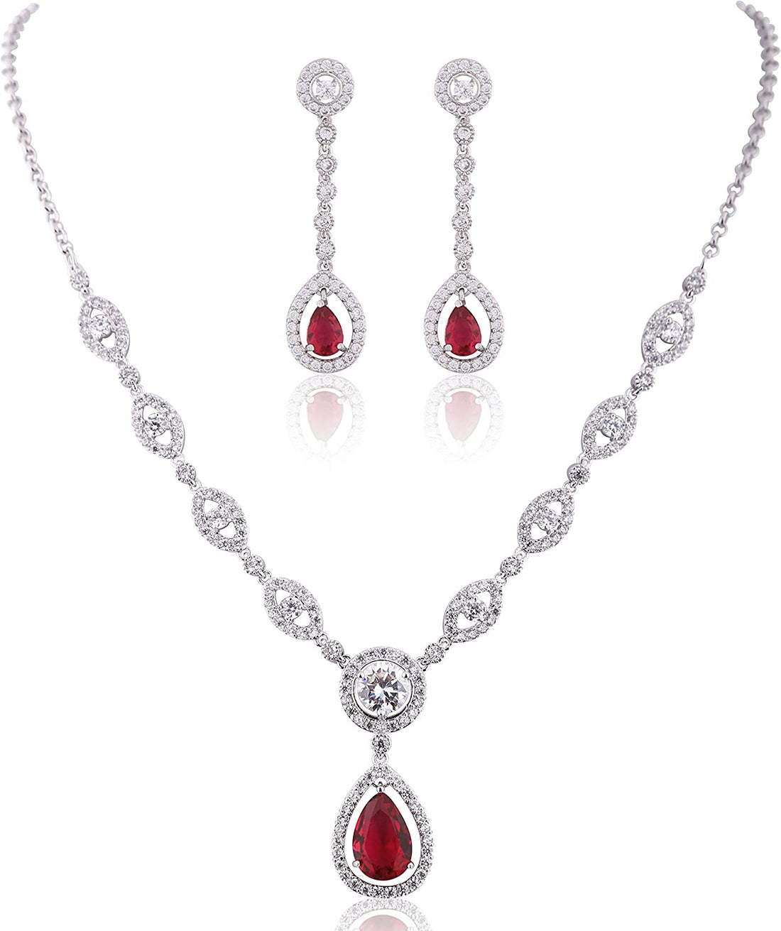 Cubic Zirconia Red Silver Plated Bridal Jewelry Sets