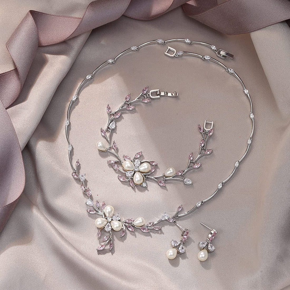 Flower Leaf Filigree Pink Pearl Bridal Jewelry Sets