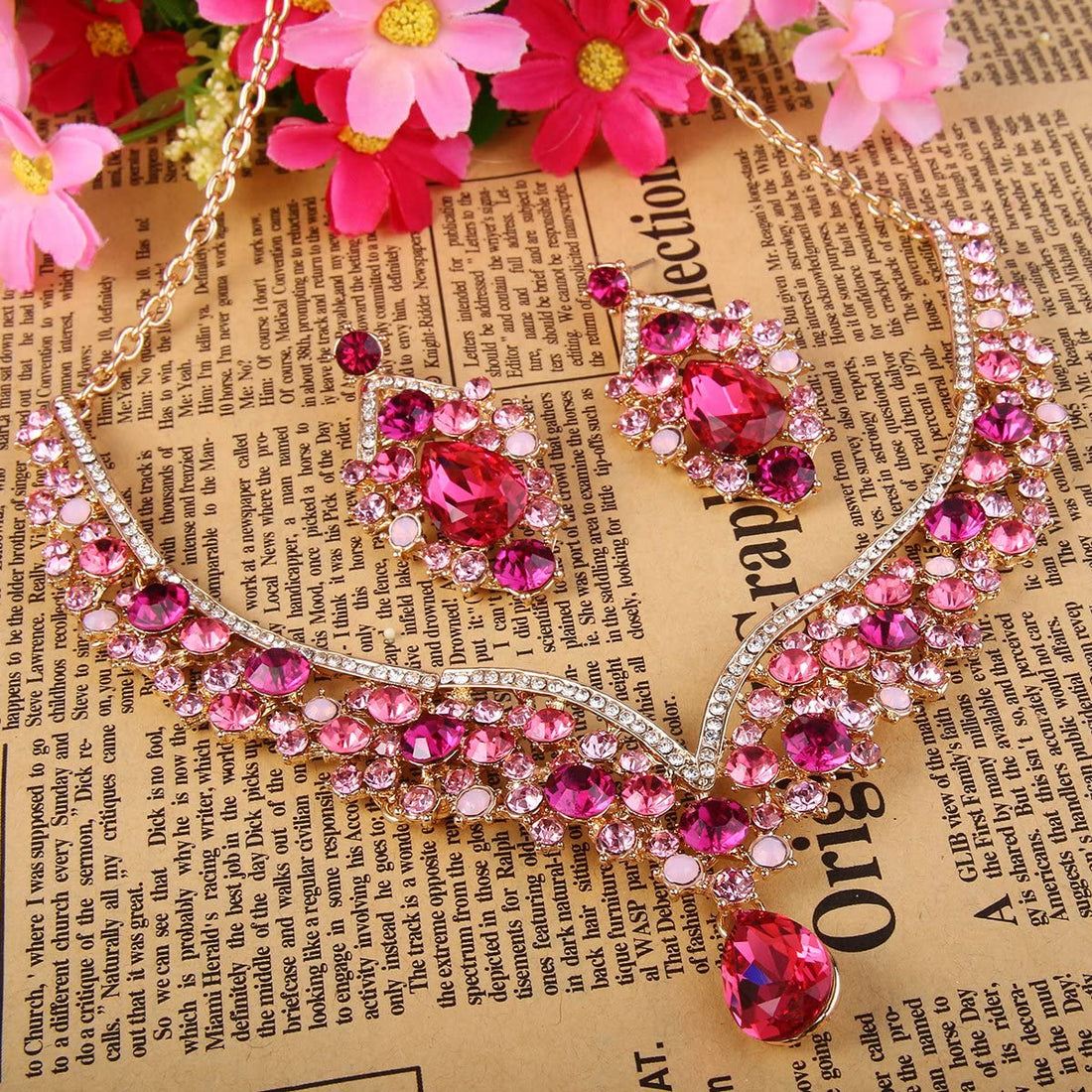 Elegant Pink Austrian Crystal V-Shaped Teardrop Jewelry Sets