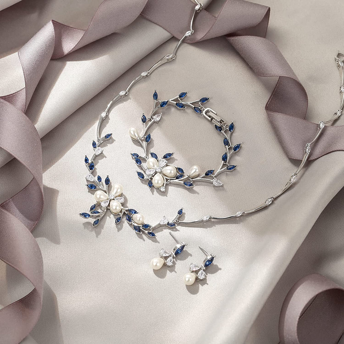 Flower Leaf Filigree Blue Pearl Bridal Jewelry Sets
